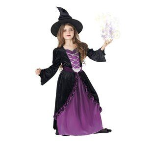 NEW Purple Witch Halloween Costume Girls Medium 7-8 Black Purple Dress Hat